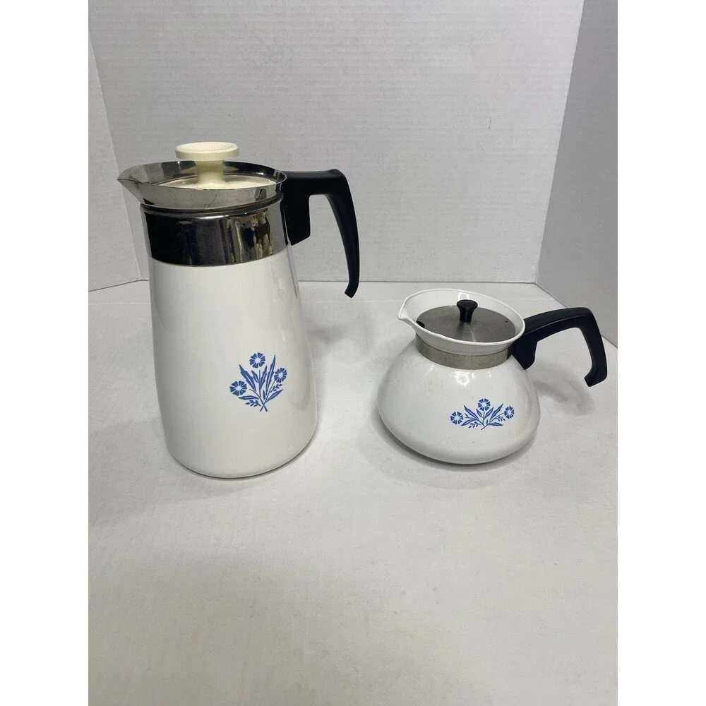 Corelle Ware Blue Cornflower Stove Top Set Of 2 Coffee Tea Pot 9 Cup And 6 Cup